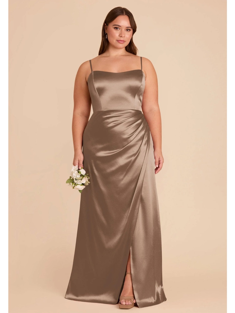 Birdy Grey Shiny Satin Mocha light brown bridesmaid dress with slit